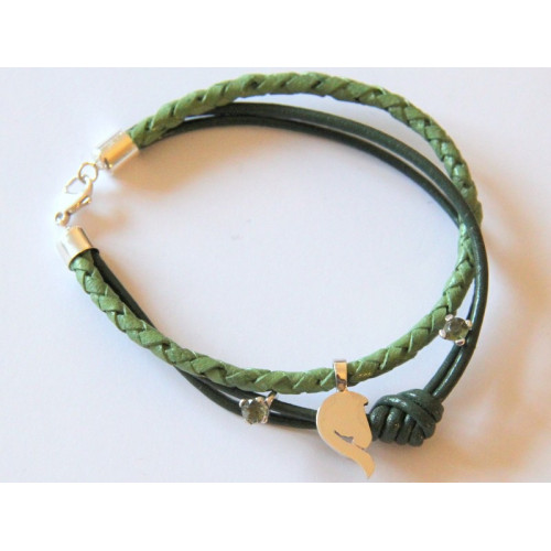 Náramek s zelenou kůží, stříbrným koníkem a ozdobami s vltavíny