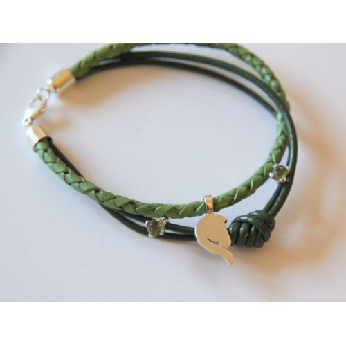 Náramek s zelenou kůží, stříbrným koníkem a ozdobami s vltavíny