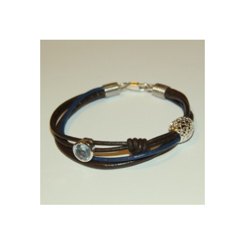 Náramek s hnědo-modrou kůží a stříbrnými ozdobami